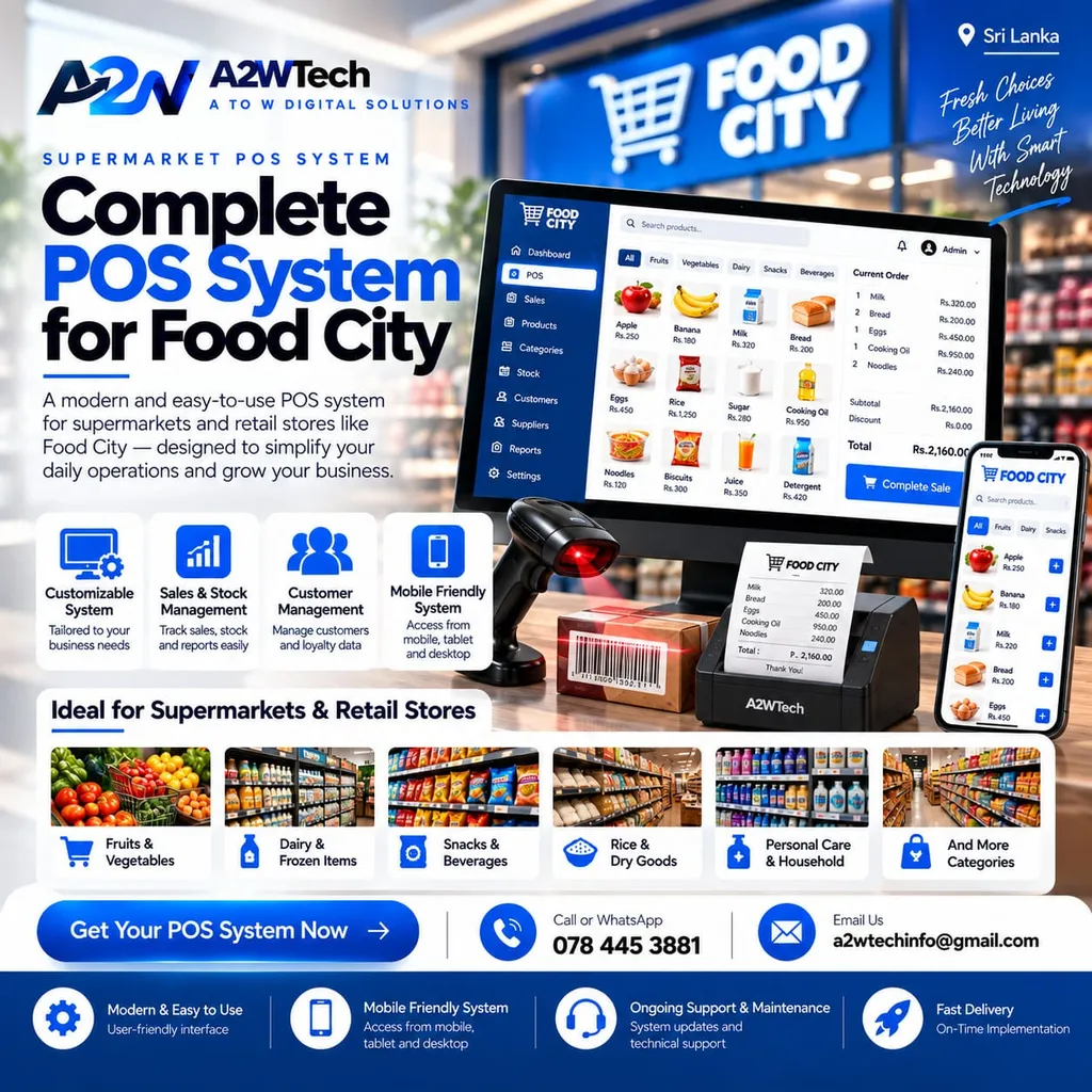 A2WTech supermarket POS system capability illustration showing sales dashboard, product catalog, barcode scanner, receipt printer, and mobile interface