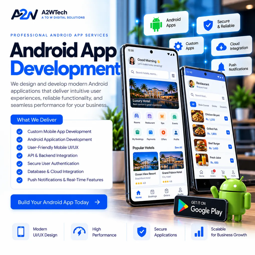 A2WTech iOS app development capability illustration showing hospitality and restaurant application screens on iPhone