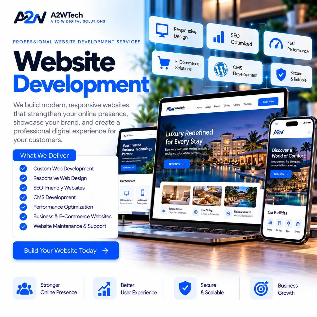 A2WTech website development capability illustration showing responsive business website on laptop and smartphone screens
