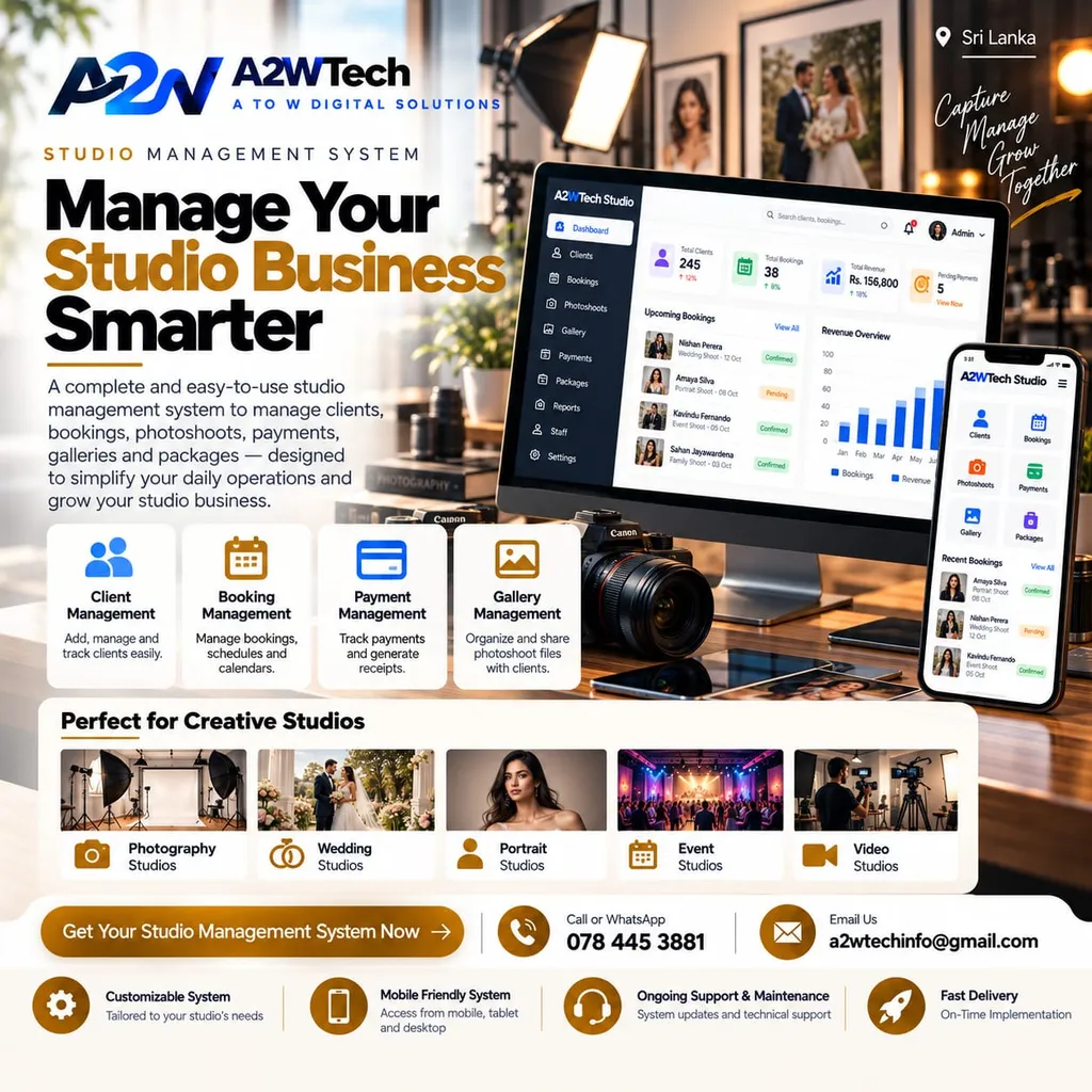 A2WTech studio management system capability illustration showing dashboard with bookings, client management, and revenue overview