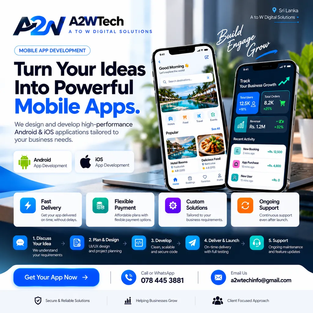 A2WTech mobile app development capability illustration showing Android and iOS business app interfaces