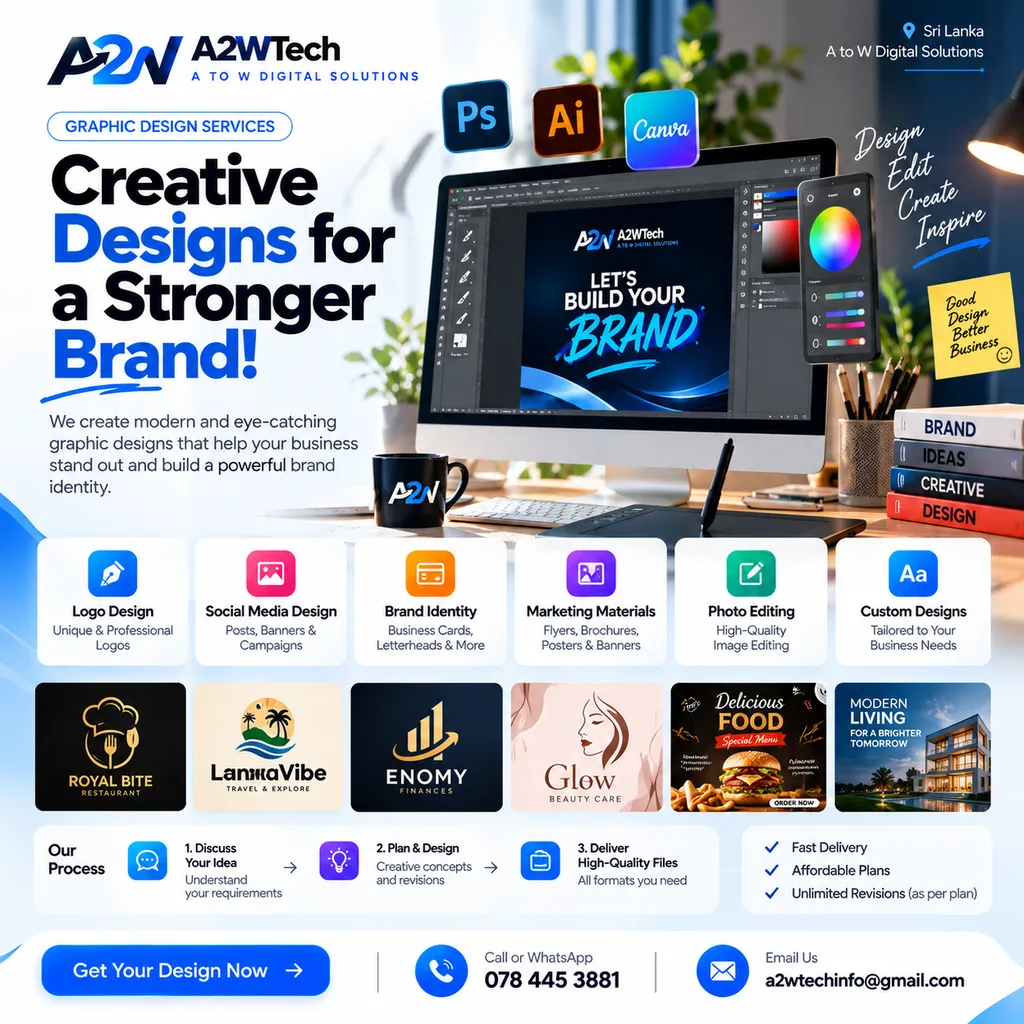 A2WTech graphic design services capability illustration showing workstation, logo concepts, social media designs, and marketing assets