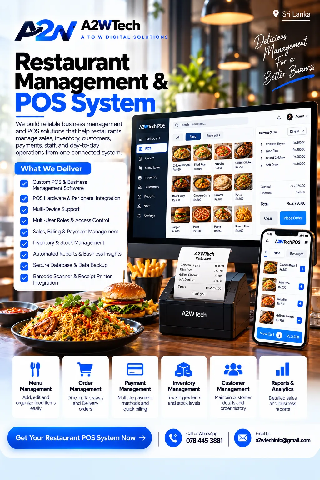A2WTech restaurant management and POS system capability illustration showing order management, menu items, receipt printer, and mobile view