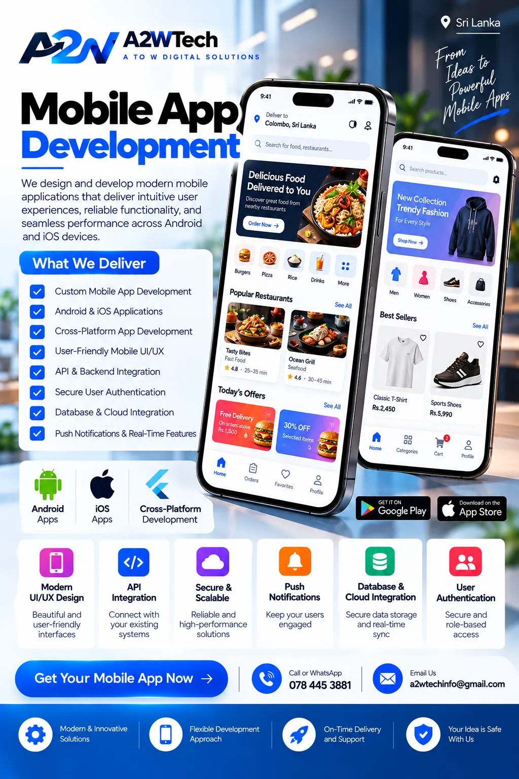 A2WTech mobile app development capability illustration showing food ordering and fashion retail shopping app screens